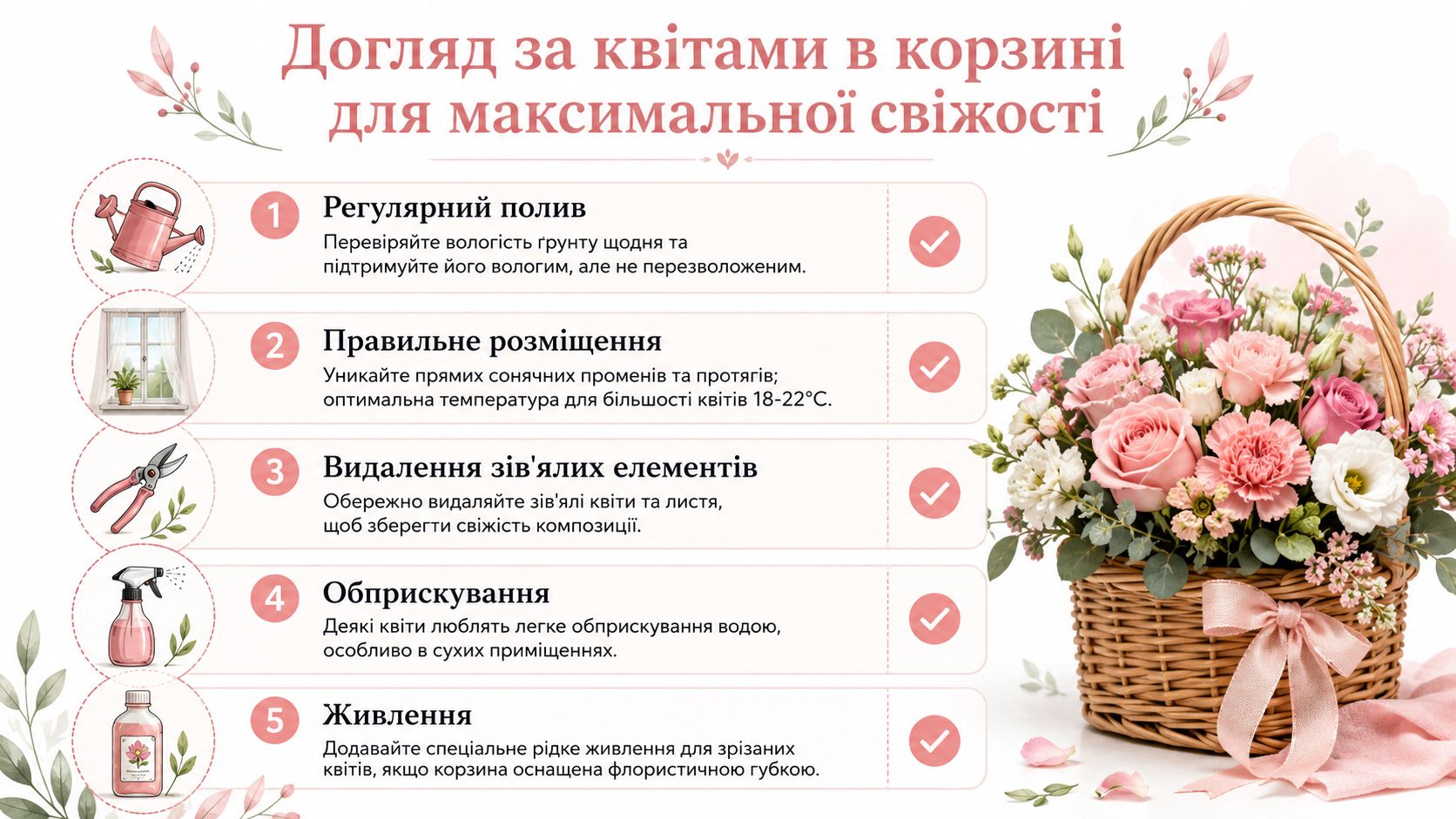 Інфографіка з порадами щодо догляду за квітами в корзині для підтримки їхньої свіжості та краси вдома